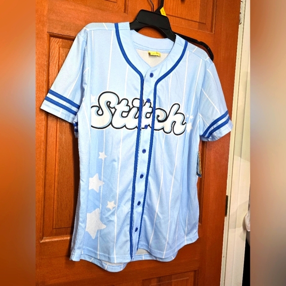 Disney Stitch Womens Button Up Baseball Short Sleeve Jersey Sz L Nwt - Picture 1 of 5